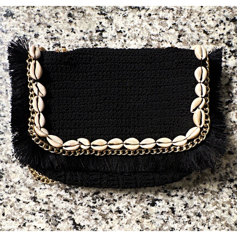 Zara Black Woven Crossbody Bag Puka Cowrie Shell Fringe Gold Chain Boho Summer